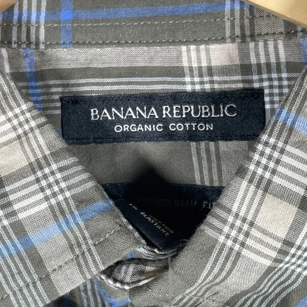 Banana Republic Mens Untucked Slim Fit Plaid Shirt Organic Cotton Olive S NEW